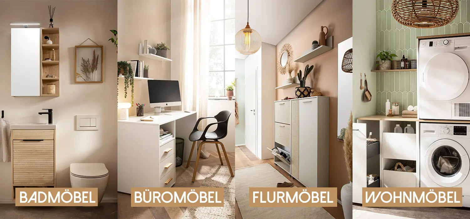 Schildmeyer Sortiment Auf dem Bild sind die 4 Sortiment von Schildmeyer zusehen: Badmöbel, Büromöbel, Flurmöbel und Wohnmöbel